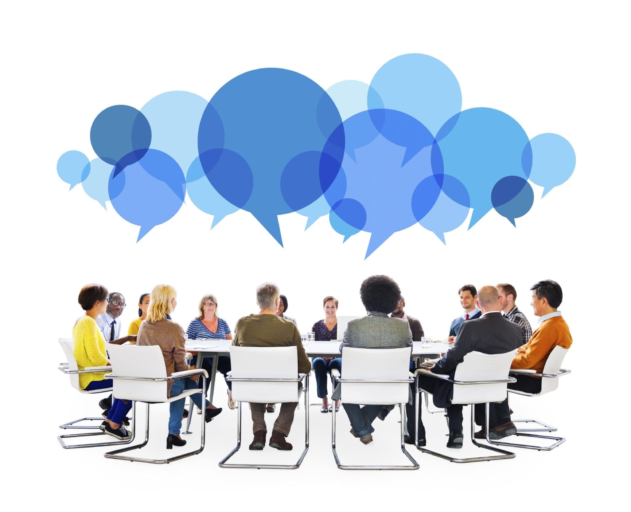 Diverse People in Meeting With Speech Bubbles