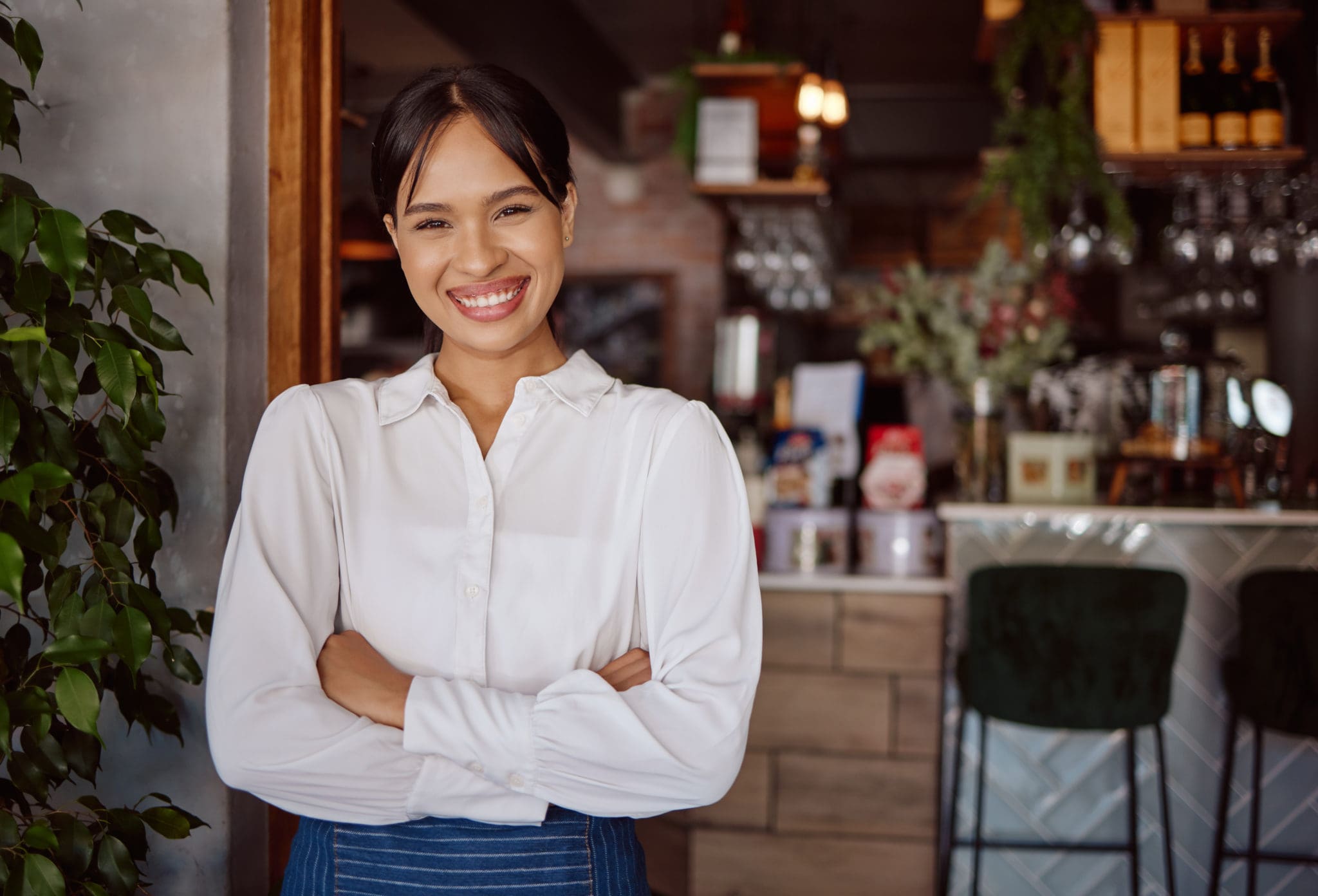 Small business success, cafe restaurant and happy woman leader portrait in Costa Rica hospitality i